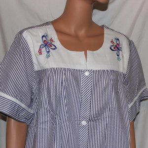 WOMENS EASY ESSENTIALS PERIWINKLE WHITE PINSTRIPE SNAPS HOUSECOAT DUSTER 1X & 2X